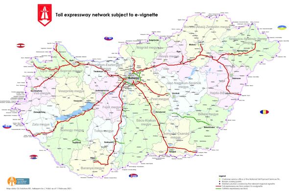 Mapa placených úseků v Maďarsku.