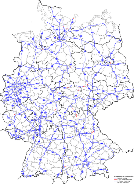Mapa husté sítě německých dálnic